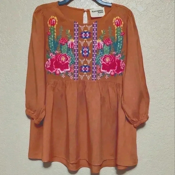 Savanna Jane Tops - Savanna Jane Blouse Womens Size S Yellow Peasant Embroidered Floral Boho Shirt